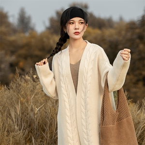 慵懒中长款山开衫女秋冬新款韩版宽松腰带针织外套大衣厚