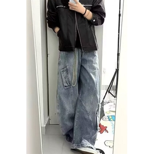 柳钉设计口袋工装牛仔裤男女复古秋季阔腿裤做旧水洗 N558图片