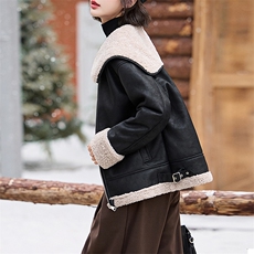 红加厚保暖皮毛一体外套女2024冬季新款时尚减龄羊羔毛棉服，女装羊羔毛/颗粒绒，江南女神