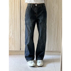 CP1171-P44拼接水洗牛仔裤男装美式复古直筒做旧宽松阔腿长裤，男装牛仔裤，电商B323A