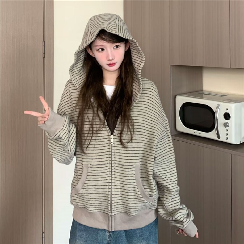 网图秋季新款氛围感学院风耳朵条纹连帽卫衣外套百搭D474特P68，女装短外套，电商A335-1（原A458）