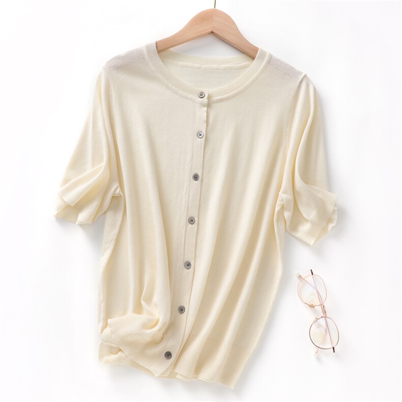 夏季精纺桑蚕丝羊毛针织短袖开衫女圆领上衣宽松显瘦半袖T恤外搭，女装T恤，东远绒业
