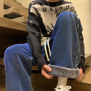 纯黑色加绒加厚牛仔裤男抽绳松紧腰裤子A080-9291-常规P35加绒P45图片