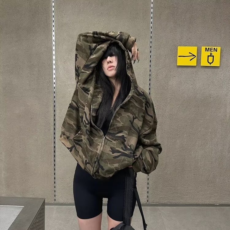 迷彩连帽短款卫衣女2025秋冬加绒宽松甜酷风外套潮JKS451,女装短外套,星座516A
