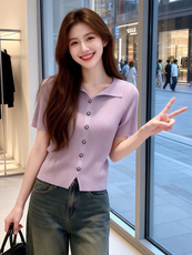 韩系气质优雅风紫色翻领针织衫夏季薄款温柔显瘦上衣潮，女装T恤，乐蒂丝
