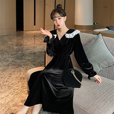 法式初恋心机小黑裙赫本风长裙子复古仙礼服金丝绒连衣裙，女装连衣裙，潮品会