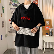 LD54189-P45连帽短袖t恤男大码胖子带帽五分袖中袖，男装T恤，电商A040