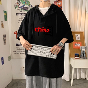 LD54189-P45 连帽短袖t恤男大码胖子带帽五分袖中袖图片