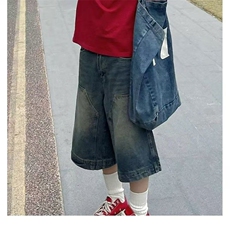 美式复古水洗拼接牛仔短裤女夏季做旧街头小众百搭潮牌直筒七分裤，男装牛仔裤，星座1210-1