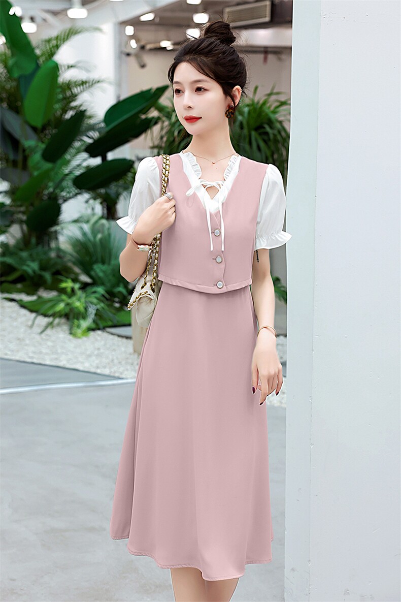 小香风粉色女春秋2025盐系减龄气质欧根纱拼接喇叭袖,女装连衣裙,韩美纤衣