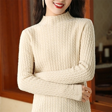 长袖纯色2024年秋季羊毛半高圆领套头针织衫，女装羊毛衫，盛鼎羊绒