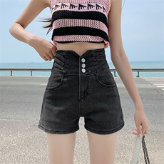 美式高腰束腰三排扣牛仔短裤设计交叉系带感显瘦显高a字短裤，女装牛仔裤，星座506A