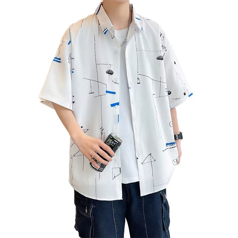 弹力布夏季男士印花短袖衬衫个性五分袖衬衣外套图片