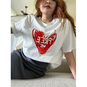 T0717-P25 红色爱心纯棉印花短袖 大码胖MM 穿搭 宽松百搭上衣图片
