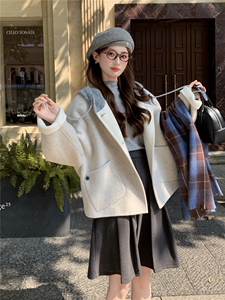 现货新款秋冬新款针织连帽拼接长袖羊绒外套女短款双面羊绒大衣潮图片