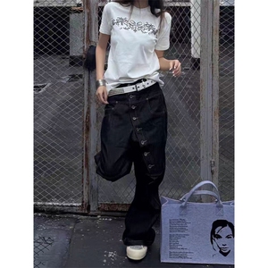 美式错位排扣微喇牛仔裤男女设计感直筒弯刀堆堆长裤LN70244-P50图片