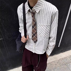 泡泡纱打底衬衫高智感休闲正肩长袖男女复古条纹衬衣BCS29，男装T恤，星座208-5