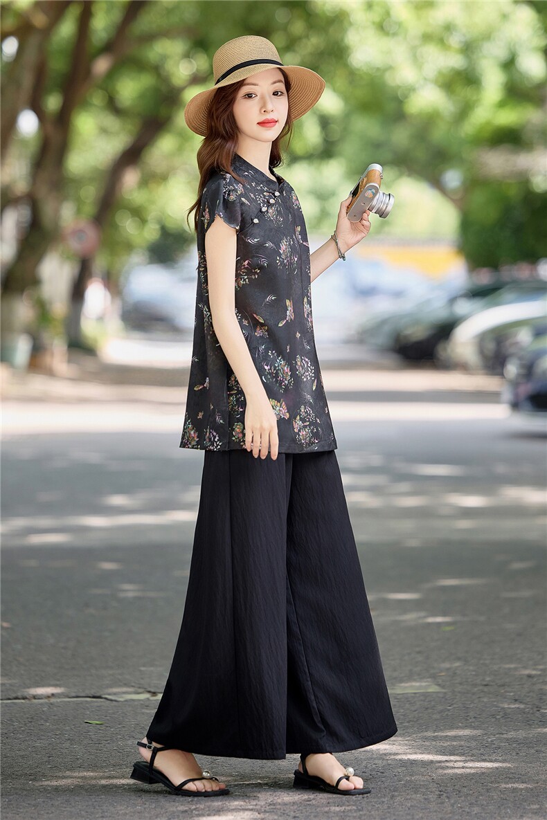 新中式国风套装女2025夏新款气质巨好看的高级感阔腿裤穿搭一整套,女装套装/套裙,润尚靓点