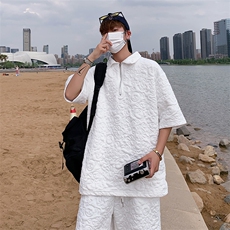 套装男韩版潮流暗纹熊熊痞子帅POLO衫2023夏季ins五分裤W4853-P49，男装休闲套装，星座412-3