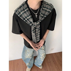 TXG28LL-特P50cleanfit美式复古拼接格子连帽短袖t恤高级感痞帅，男装T恤，星座1007（原301D）