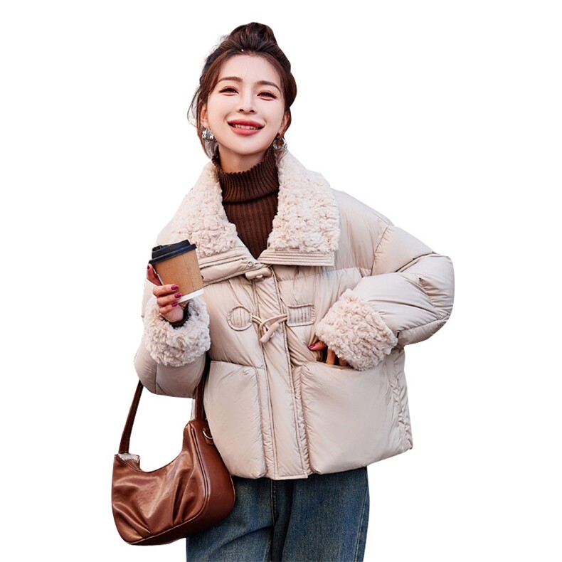 短款仿羊羔毛拼接羽绒服女2024冬季新款女装保暖外套潮！达标90绒！,女装羽绒服,慧尚依恋