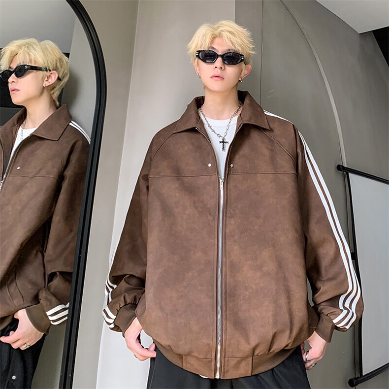 JK8818-P68美式复古cleanfit高级感PU皮条纹夹克外套图片