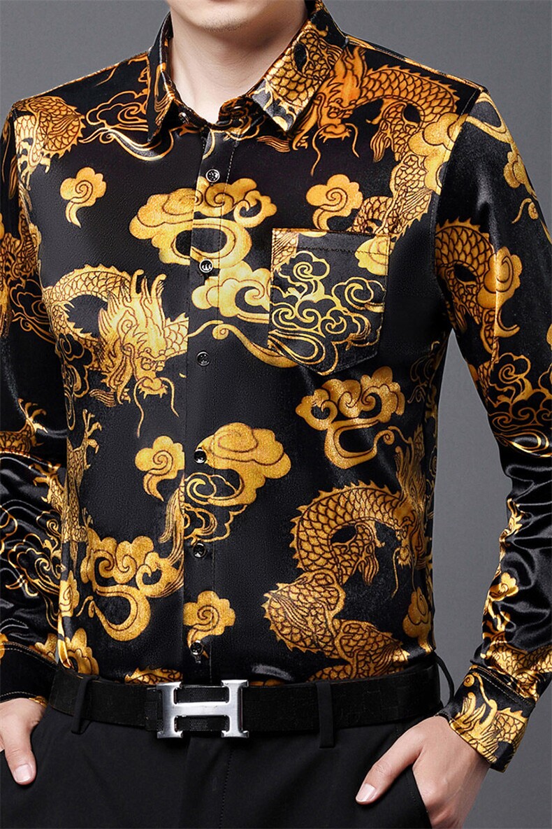 男士长袖金丝绒衬衫真口袋花衬衫衣春秋中年宽松弹力,男装衬衫,钱塘6003（原4033）