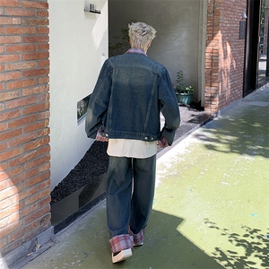 男格子小众复古水洗牛仔套装宽松夹克外套阔腿裤两件套TZ32-P110图片