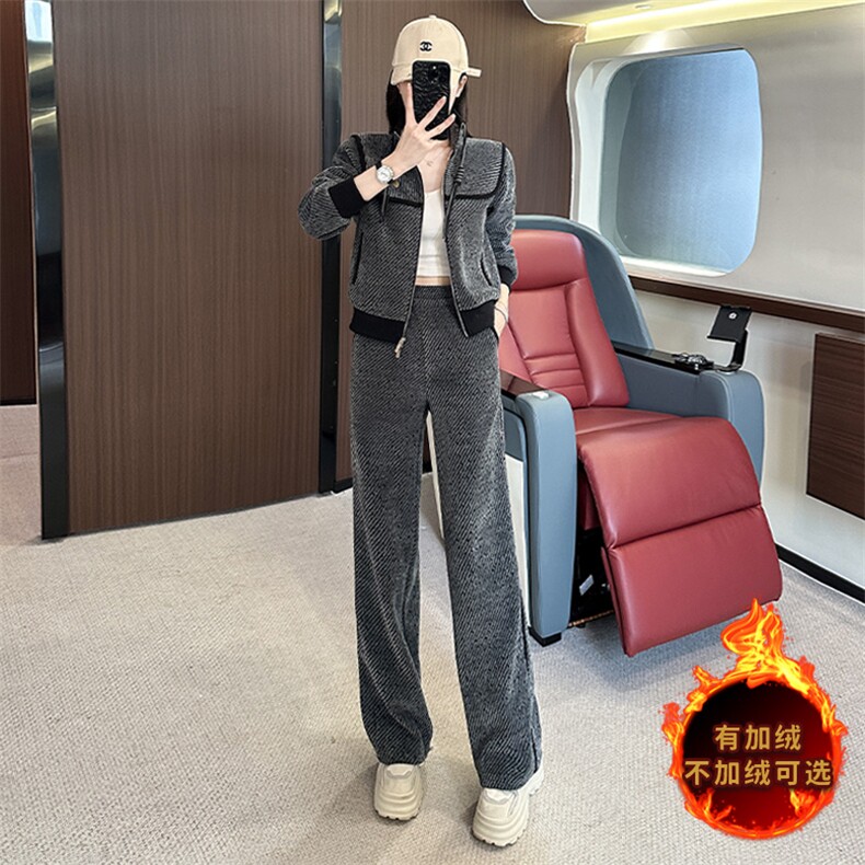 时尚显瘦加绒开衫卫衣阔腿裤两件套女冬季新款休闲套装,女装套装/套裙,江南