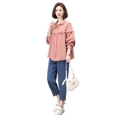 时尚百搭宽松显瘦长袖衬衫牛仔裤套装女秋装新款韩版休闲两件套，女装套装/套裙，叶笙衣
