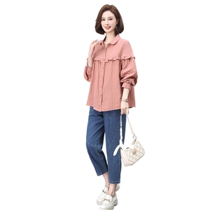 时尚百搭宽松显瘦长袖衬衫牛仔裤套装女秋装新款韩版休闲两件套图片