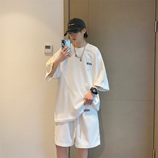 2026夏装华夫格拼接绣花休闲运动套装五分短裤TZ808/P65白色，男装休闲套装，电商A094