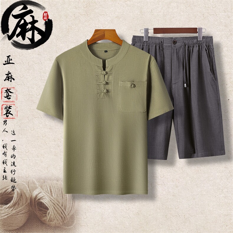 长期货主推夏装男士风亚麻短袖套装中老年爸爸装棉麻盘扣套装，男装休闲套装，钱塘723