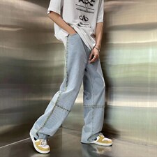 毛边牛仔裤男夏季潮牌宽松大码休闲裤子高街设计感NZ15P38图片