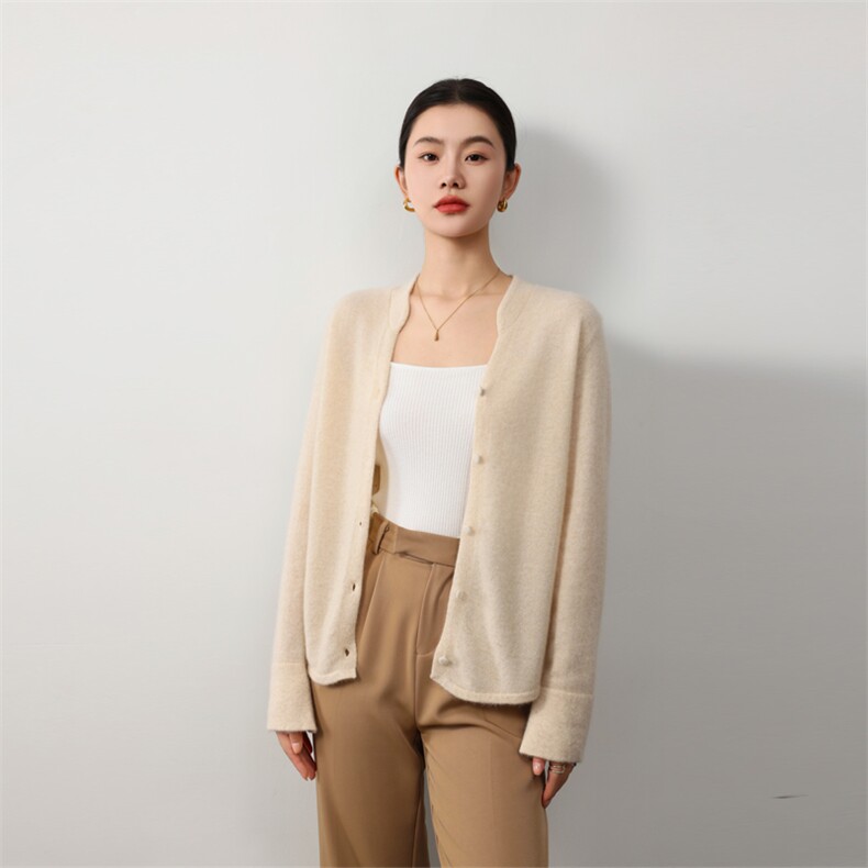 法式V领包扣女士羊毛开衫羊毛柔软舒适,女装羊毛衫,鲁菏羊绒