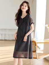大码碎花雪纺连衣裙女2025夏季新款中年妈妈胖MM宽松显瘦中长裙子，女装连衣裙，文熹诺