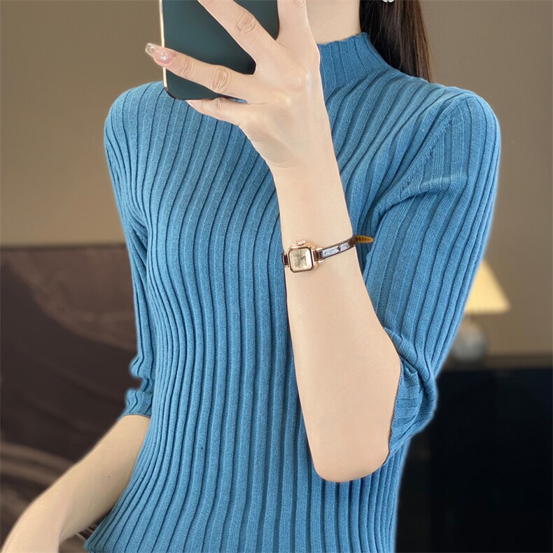 时尚百搭纯棉坑条半高领五分袖针织衫修身显瘦女士毛衣,针织衫/毛衣,桦兴羊绒