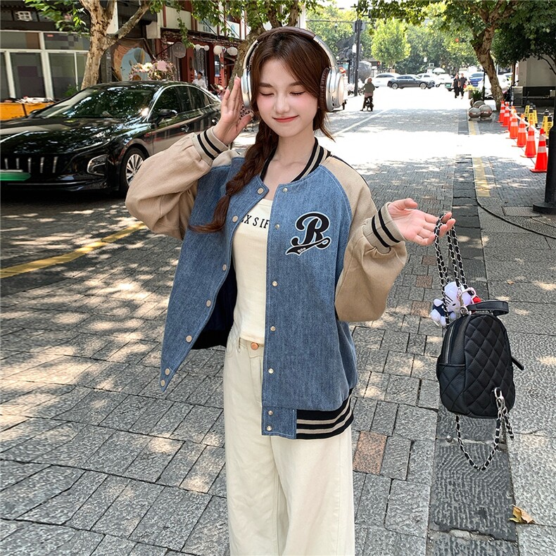 【现货】撞色字母刺绣棒球服牛仔外套82701-P155-K228,女装短外套,2B076