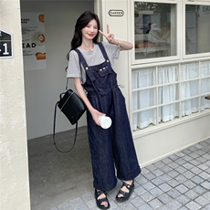 盐系学院风牛仔背带裤套装夏女2025新款宽松条纹T恤休闲两件套女，女装套装/套裙，2C012