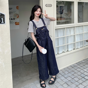 盐系学院风牛仔背带裤套装夏女2025新款宽松条纹T恤休闲两件套女图片