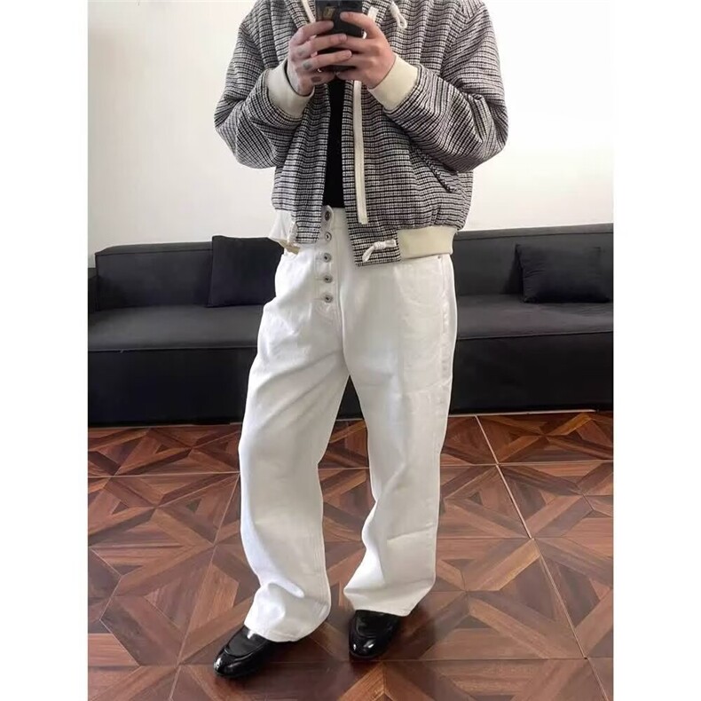 美式高街复古丹宁白色阔腿弯刀牛仔裤男百搭宽松垂感百搭休闲裤子,男装牛仔裤,四季星座505