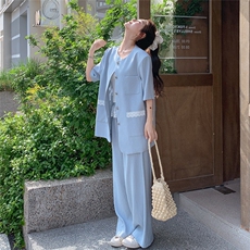 法式短袖西装外套阔腿裤套装女2025夏季新款高级感蕾丝拼接两件套，女装套装/套裙，2C305