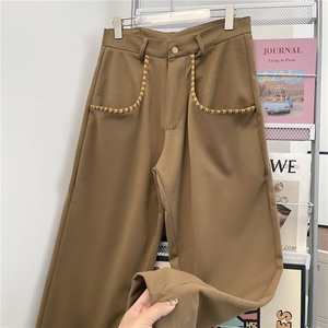 韩chic小众复古百搭高腰显瘦拼接口袋装饰毛边阔腿九分休闲裤女图片