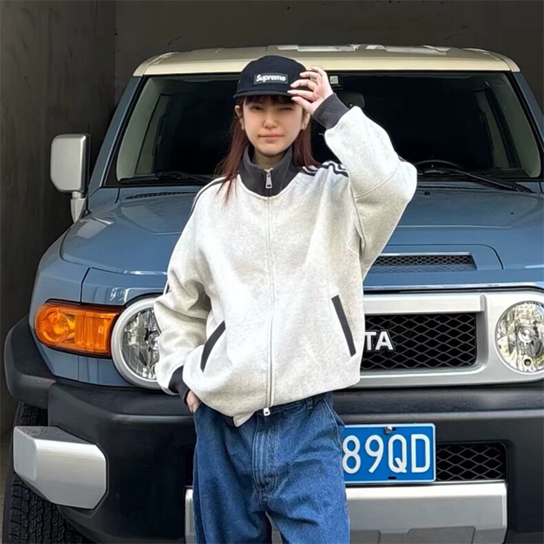 抖音得物高品质美式高街重磅结构设计拼接织带立领卫衣外套CM42,女装短外套,电商A486-1