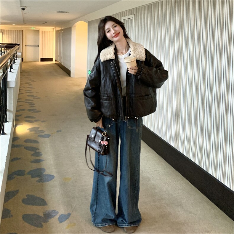 美拉德咖色羽绒内胆皮衣外套女冬季2025新款复古羊羔毛翻领羽绒服,女装羽绒服,2C210