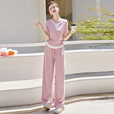 海贝小清新假两件短袖T恤上衣直筒裤两件套时尚套装夏季新款，女装套装/套裙，恋慕依尚