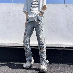 2026美式高街大破洞牛仔裤男女阔腿直筒裤乞丐裤子K70456-P45网图图片