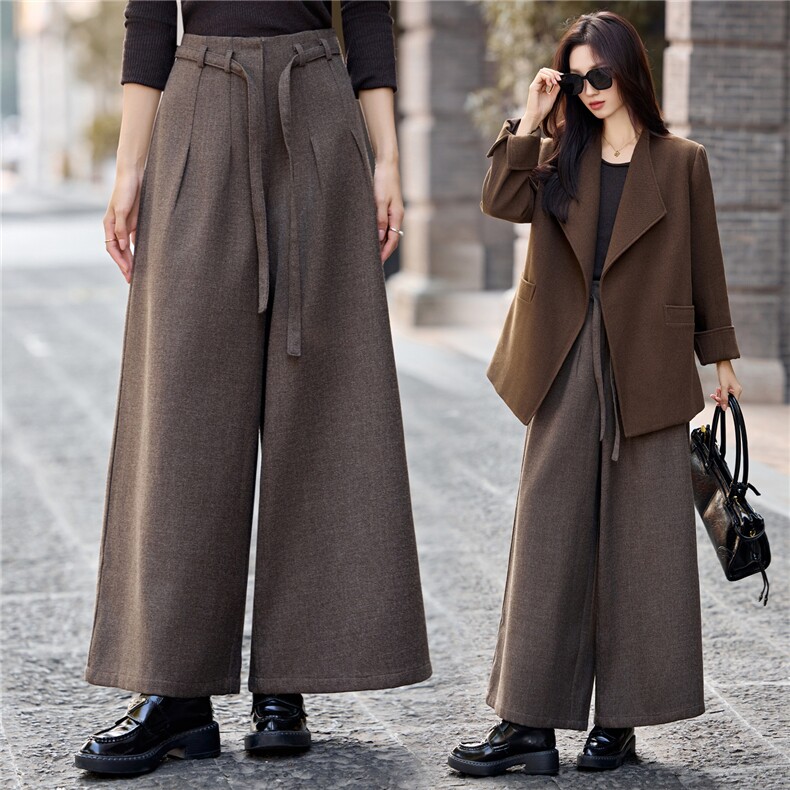 现货新款女士阔腿裤2025年冬季时尚羊毛呢抽绳裤子，女装休闲裤，时尚俏佳人