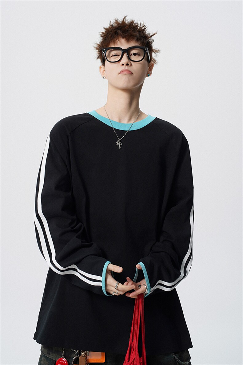 可二开美式撞色打底衫大码M-5XL条纹棉长袖T恤CT78185P45控78,男装T恤,星座226-1