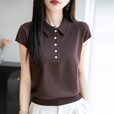经典翻领扣子POLO衫小飞袖T恤女2025夏季新款气质复古针织短袖t恤，女装针织衫/毛衣，佰旭羊绒